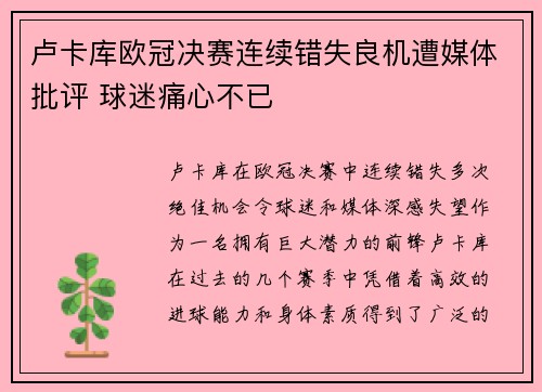 卢卡库欧冠决赛连续错失良机遭媒体批评 球迷痛心不已
